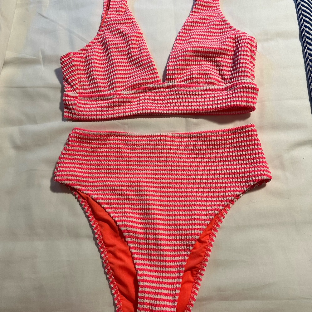 Aerie Coral/Neon Orange and White Striped Swimwear